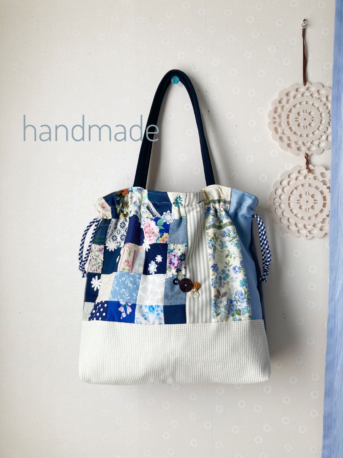 ハンドメイド パッチワーク トートバッグ 巾着バッグ ブルー花柄-当店 
