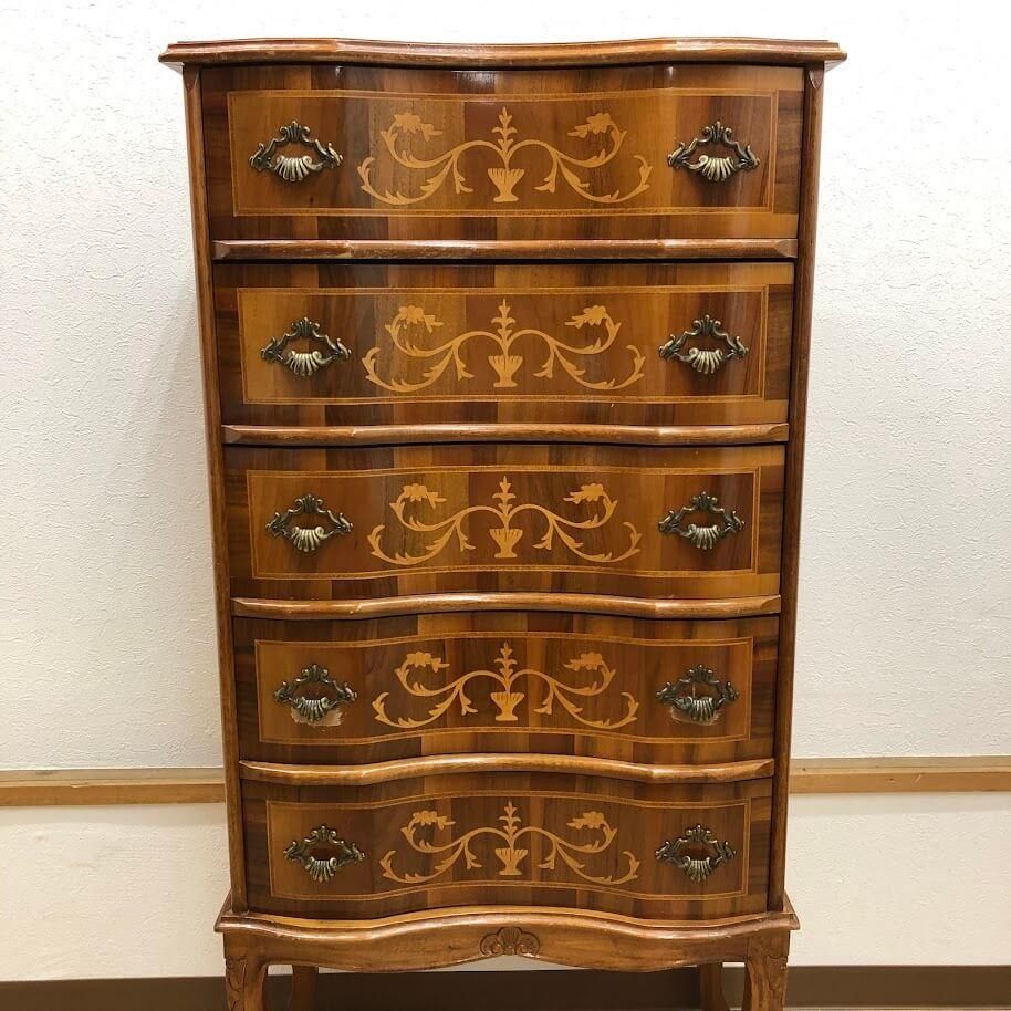 ss8458 【中古】 猫脚 チェスト 5段 象嵌細工 曲線 ヨーロピアン ss8458 【中古】 猫脚 チェスト 5段 象嵌細工 曲線 ヨーロピアン