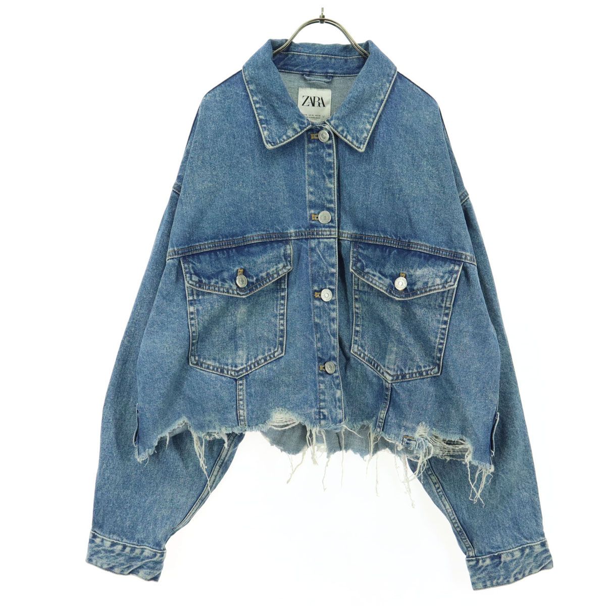 美品 ZARA ザラ カットオフ ダメージ デニムジャケット XL ブルー 