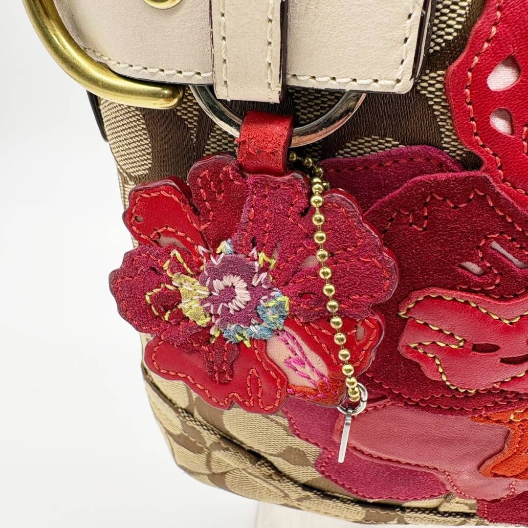美品 COACH ハンドバッグ 2way ショルダーバッグ 赤系 斜め掛け 花柄 コーチ COACH ショルダーバッグ シグネチャー 花柄 キャンバス レザー