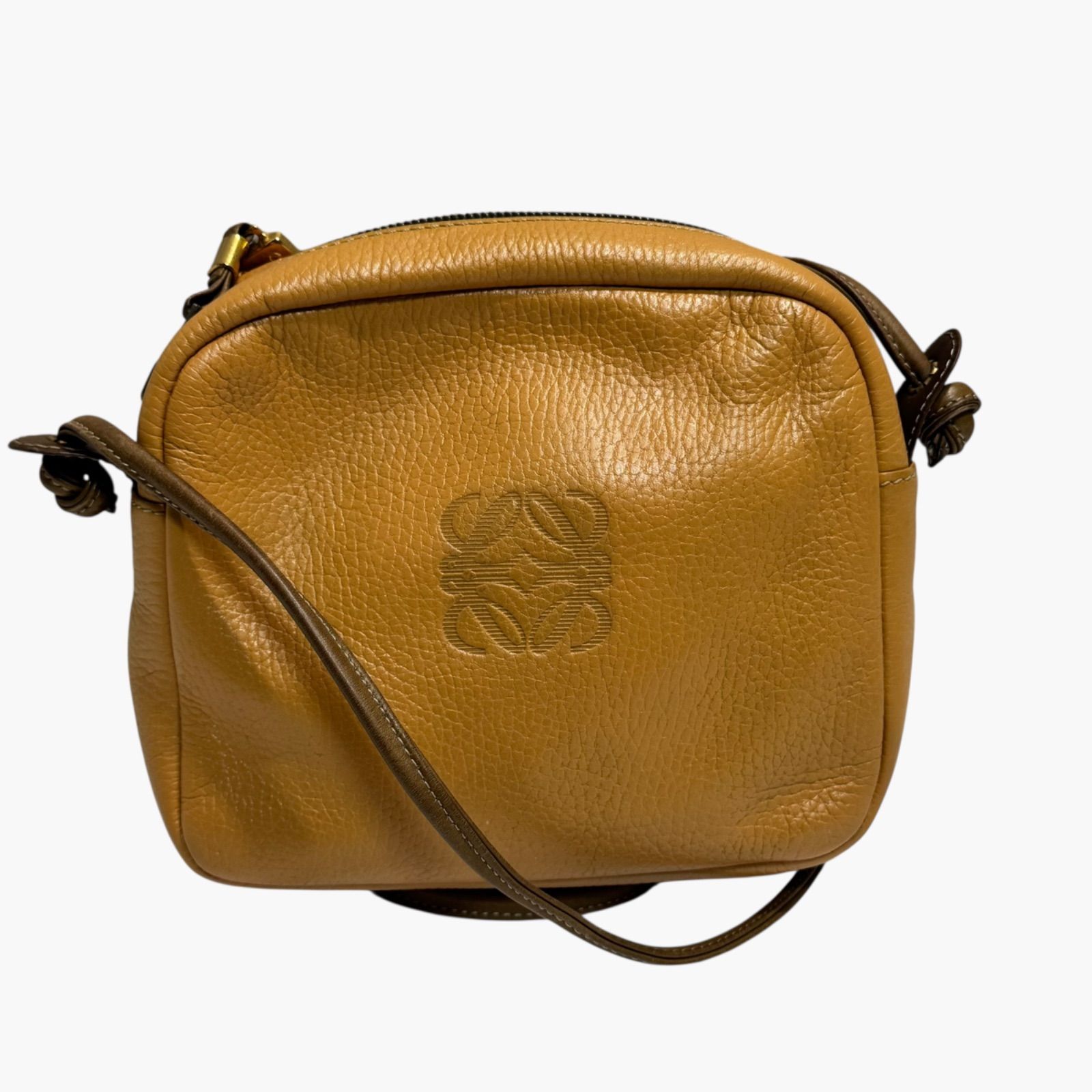 LOEWE Anagram Leather Shoulder Bag Camel Made in Spain Vintage 超 