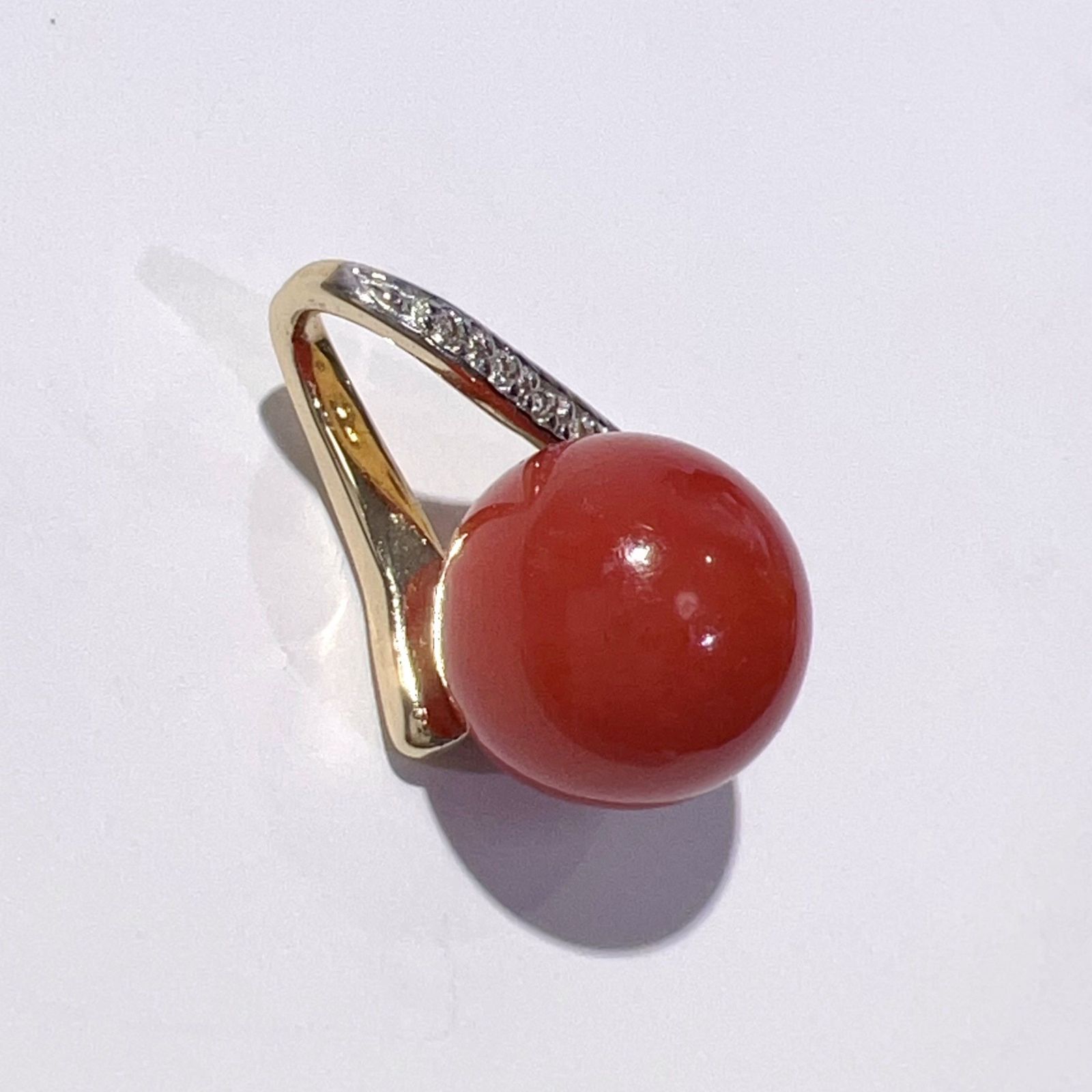 K14YG 天然 珊瑚 サンゴ ダイヤ ネックレス ペンダント レッド 11.78mm 