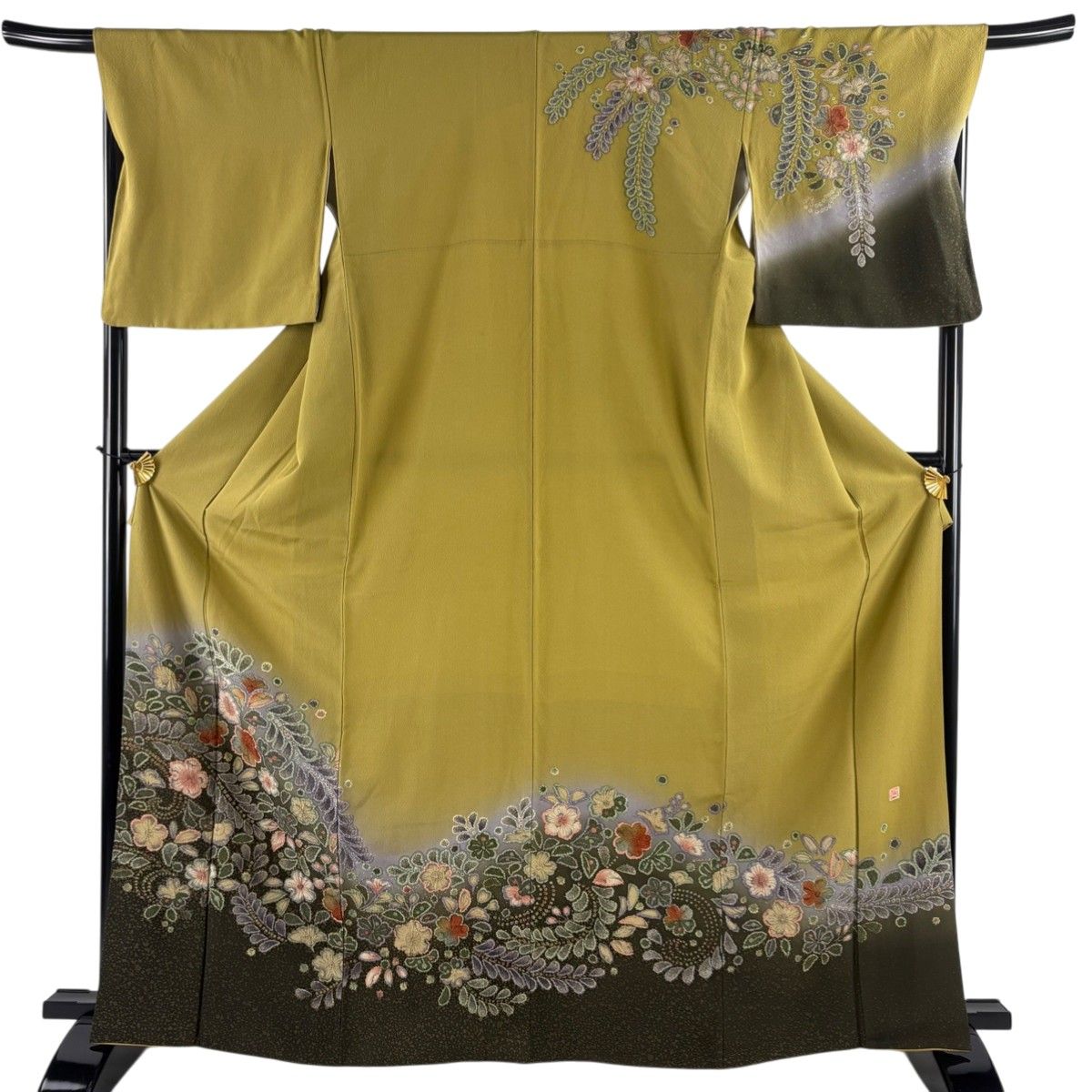 訪問着 身丈166cm 裄丈69cm L 袷 落款 辻が花 ぼかし 抹茶色 正絹 名品