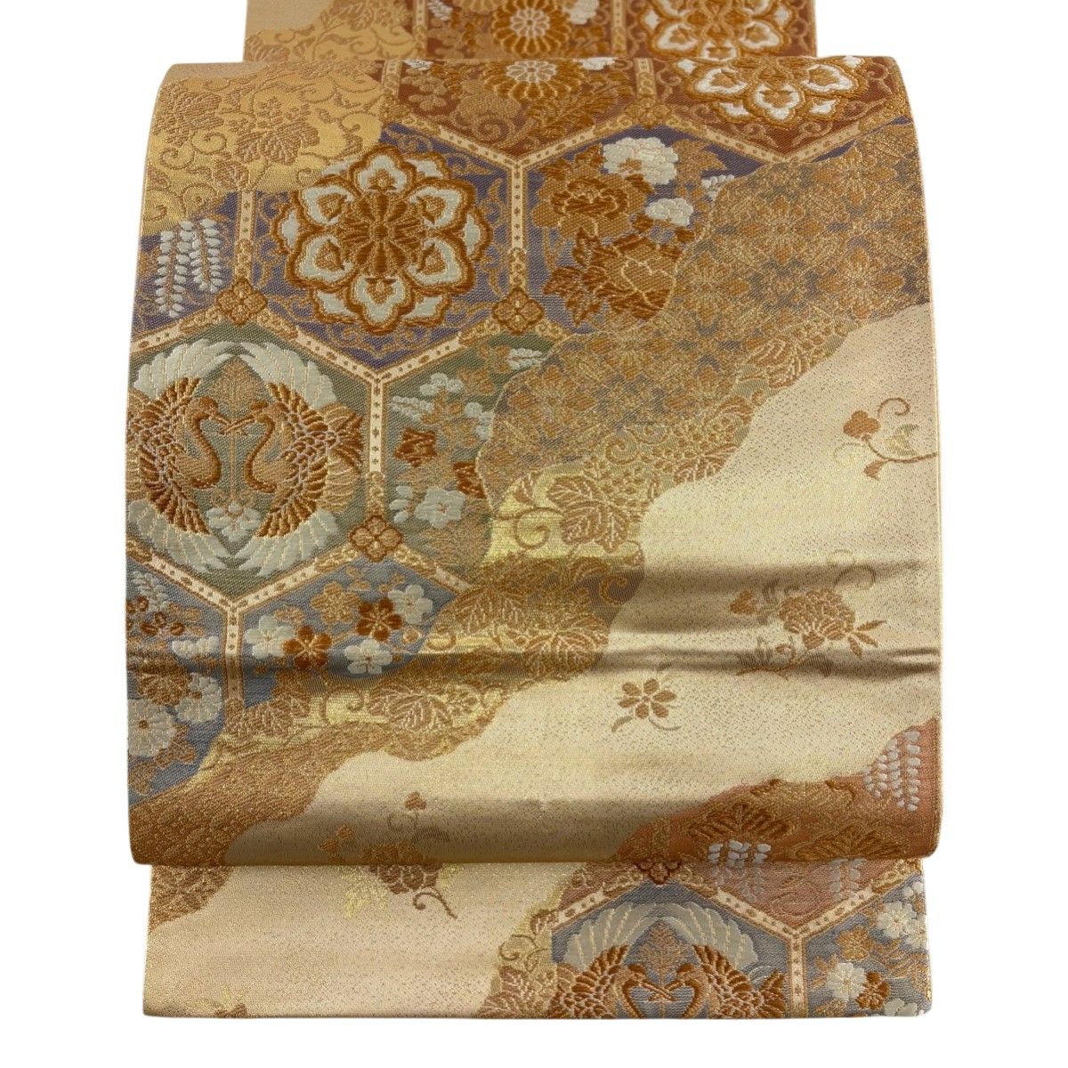 袋帯 秀品 浮線綾文 花鳥 箔 金糸 金色 六通 正絹 【】 【公式通販】