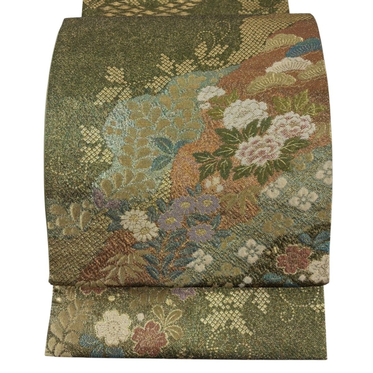 袋帯 秀品 草花 箔 深緑 お太鼓柄 正絹 【】 【公式通販】