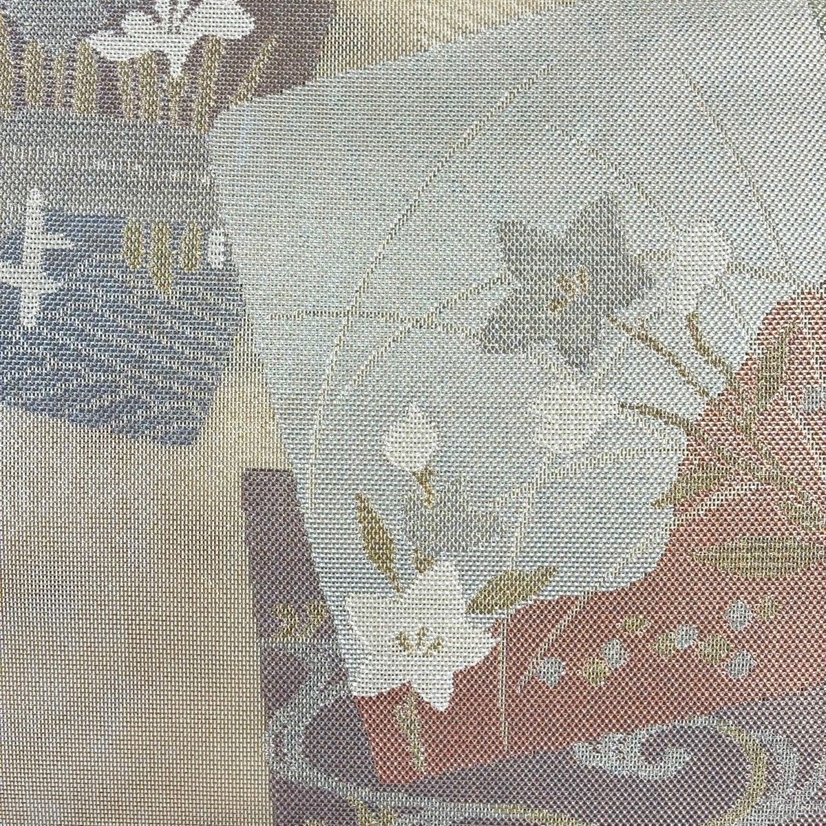 美品】 袋帯 秀品 まいづる 証紙 夏帯 紗 桔梗 菖蒲 金銀糸 箔 金色 六 
