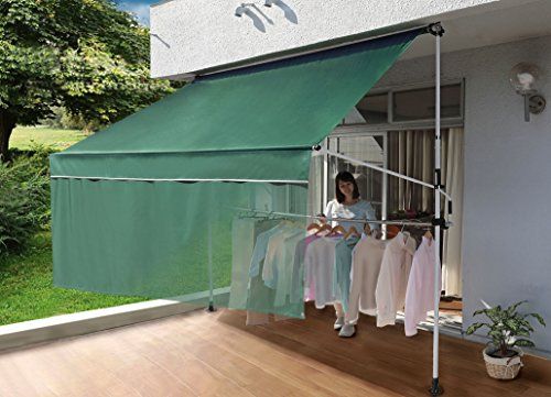 新品 リビングアウト(Living Out) 前幕と物干し竿付きオーニング グリーン 幅203×奥行22~145×高さ200~300cm 幅2m 日よけ アーム伸縮タイプ 目隠し つっぱり式 UVカット 冷房効率アップ タープ角度調整可能 シェード