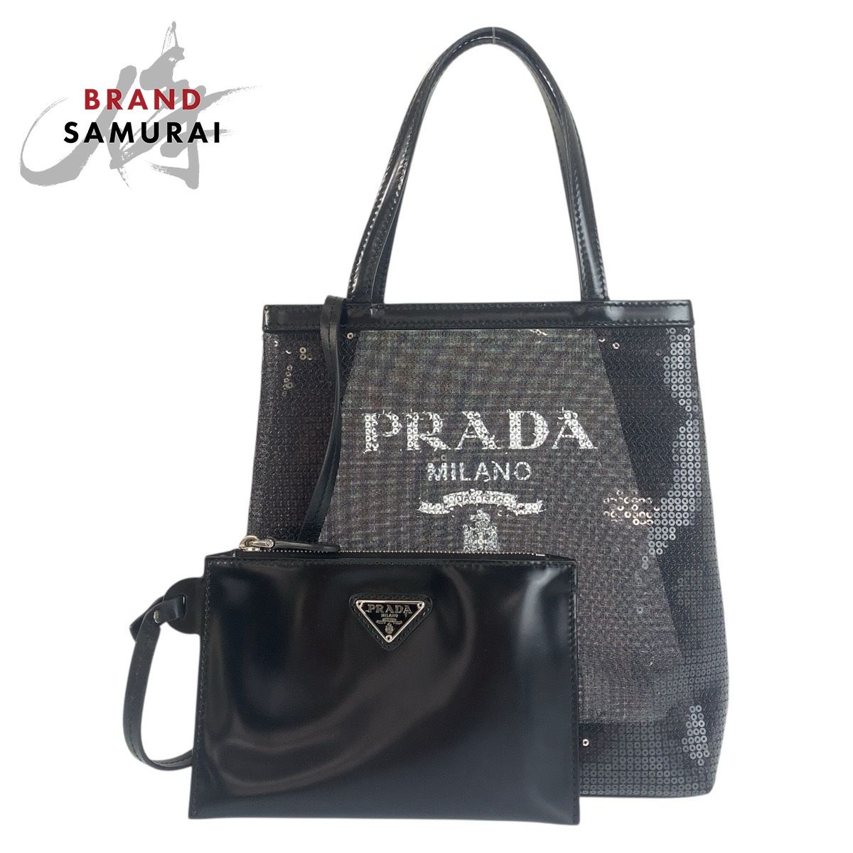 超美品 PRADA プラダ メッシュ 三角ロゴプレート ブラック 黒 シルバー 