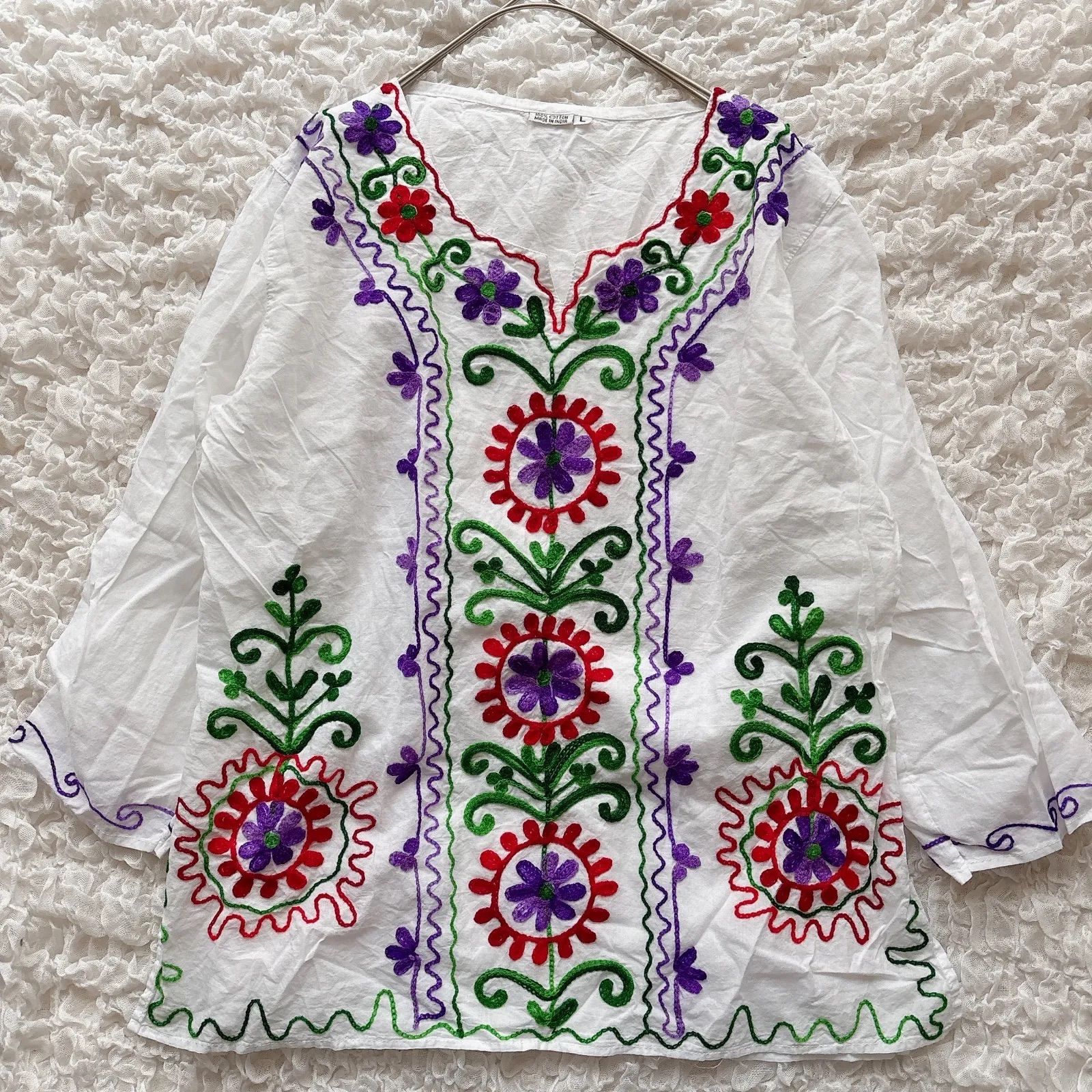 ヴィンテージ 刺繍 刺繍ブラウス 花柄 インド製 インディアン コットン 