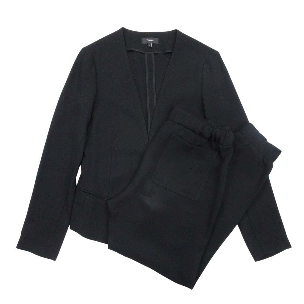 良品 Theory セオリー ノーカラー ジャケット ジョガーパンツ スーツ セットアップ イージーウエスト 2 黒 ブラック レディース 古着 中古 USED 良品 Theory セオリー ノーカラー ジャケット ジョガーパンツ スーツ