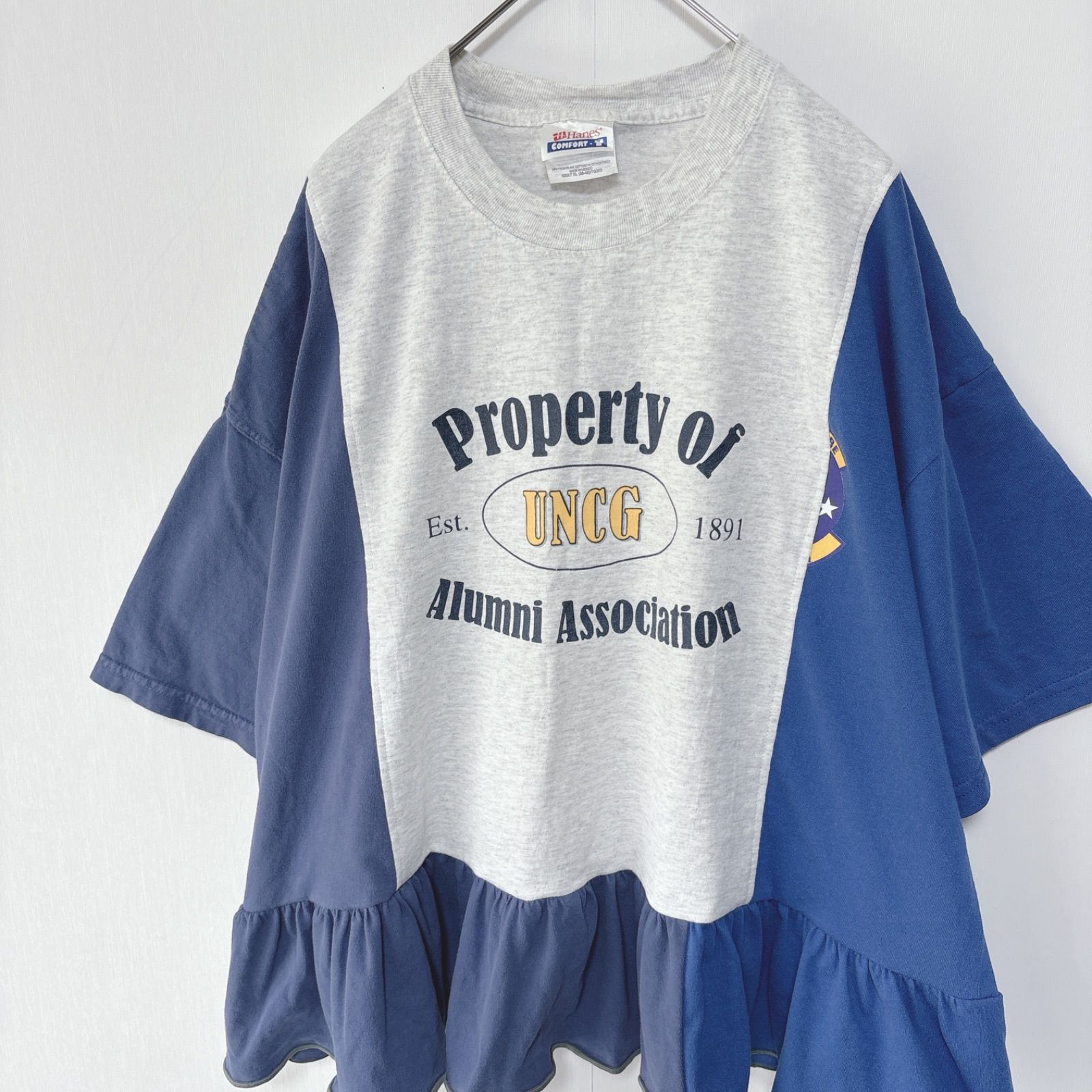 古着リメイクTシャツ グレー×ネイビー×ブルー 切替え 裾ギャザーフリル 