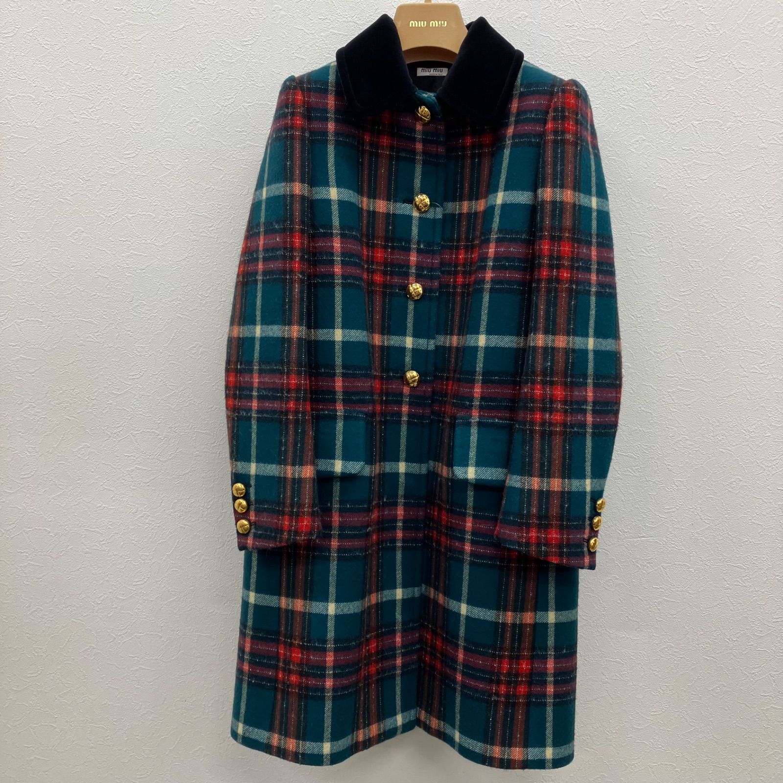 miu miu クリスタル ビジュー ベロア コート D9761 miumiu ミュウミュウ 17AW ベロア襟付きチェック柄コート/38