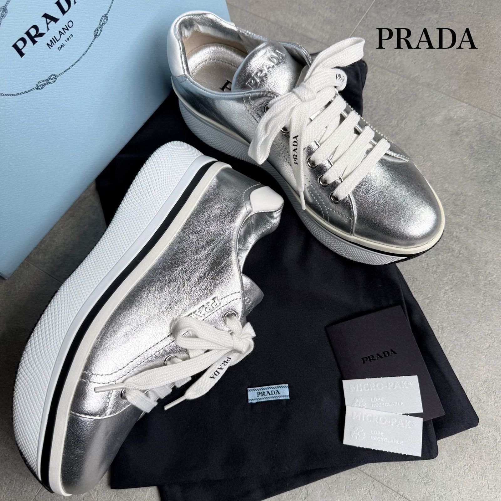 未使用 PRADA プラダ 厚底スニーカー シルバー 35 レディースシューズ