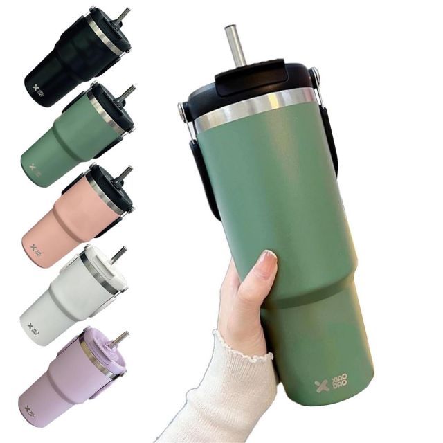 【送料無料】KONARO タンブラー 900ml 大容量 水筒 ストロー付き ウォーターボトル 蓋付き 真空断熱 保温 保冷 ステンレスボトル 広口 直飲み 二重構造 アウトドア 取っ手付き 持ち運び こぼれない,900ml,緑