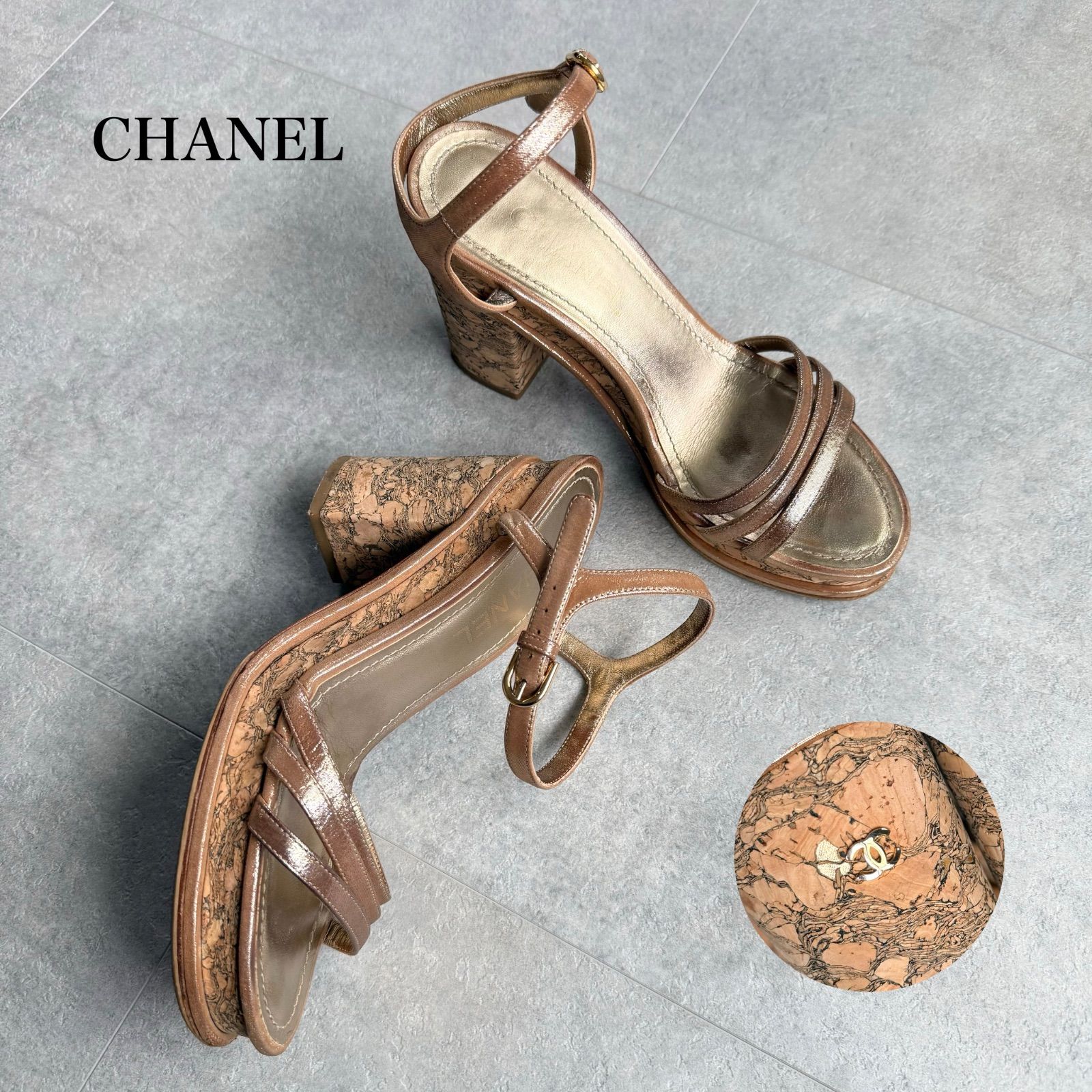 CHANEL シャネル ココマーク コルクヒール レザーサンダル ゴールド 38
