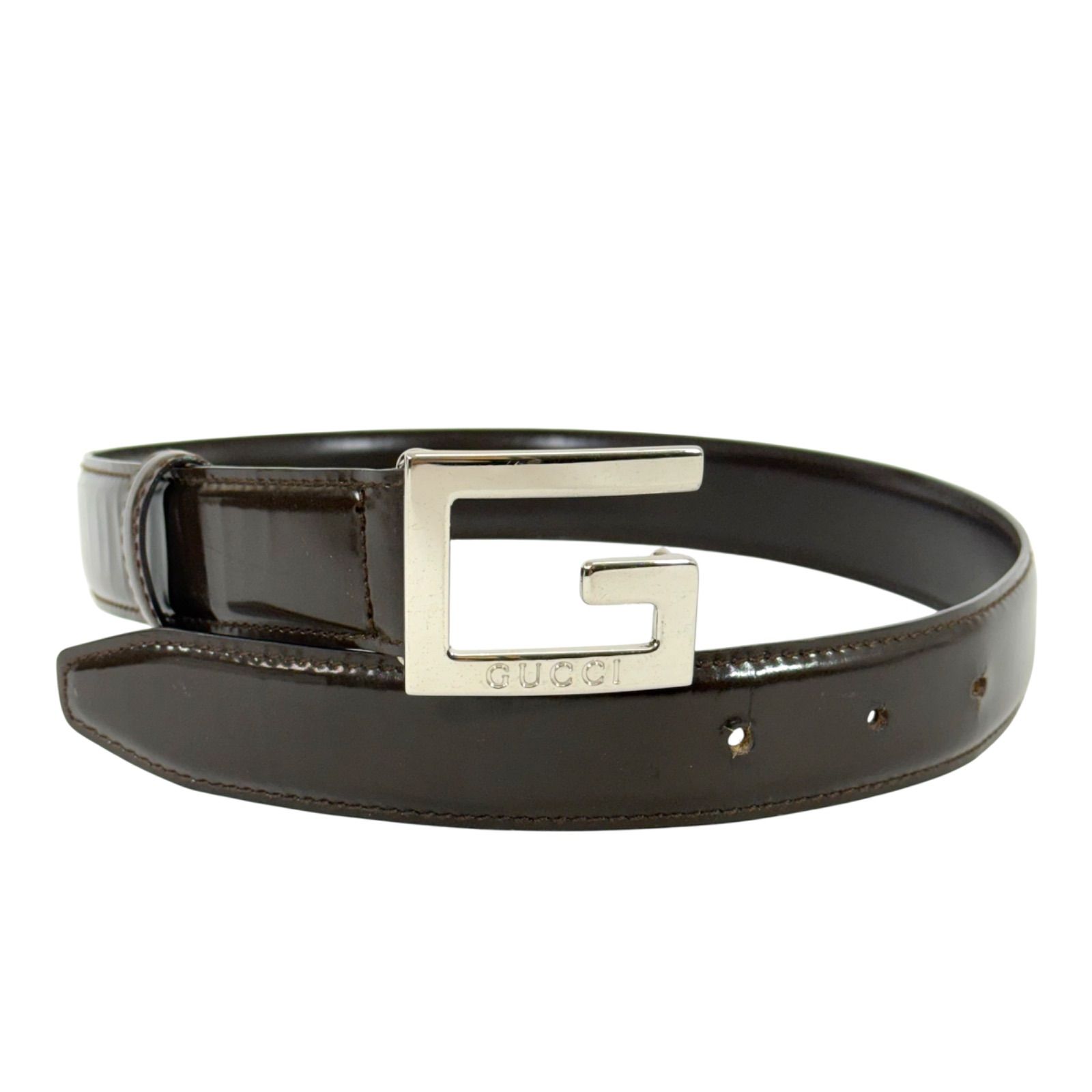 美品】GUCCI グッチ レザー ベルト Gロゴ バックル ダーク 美品】GUCCI グッチ レザー ベルト Gロゴ バックル ダーク