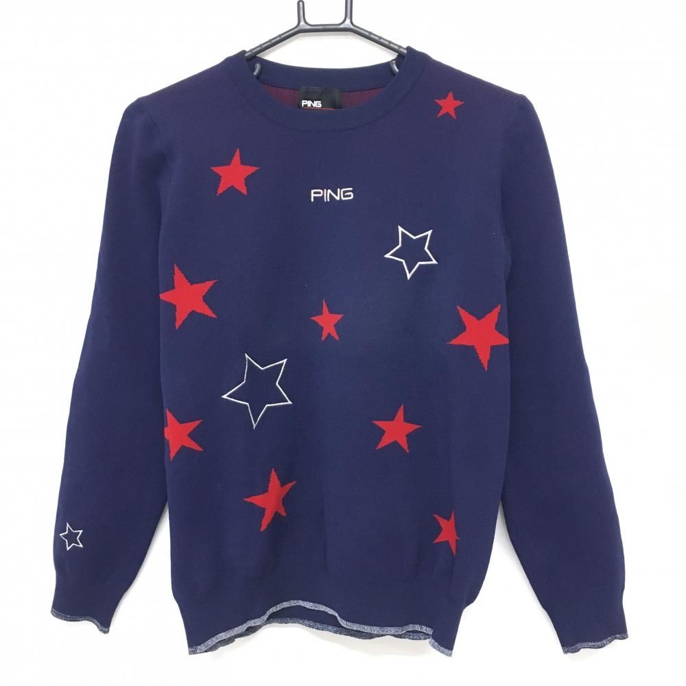 【新品】 PING ピン 総柄 星 ウール混 ニット ジャケット レッド L ピン セーター ネイビー×レッド 星総柄 ニット レディース M ゴルフ