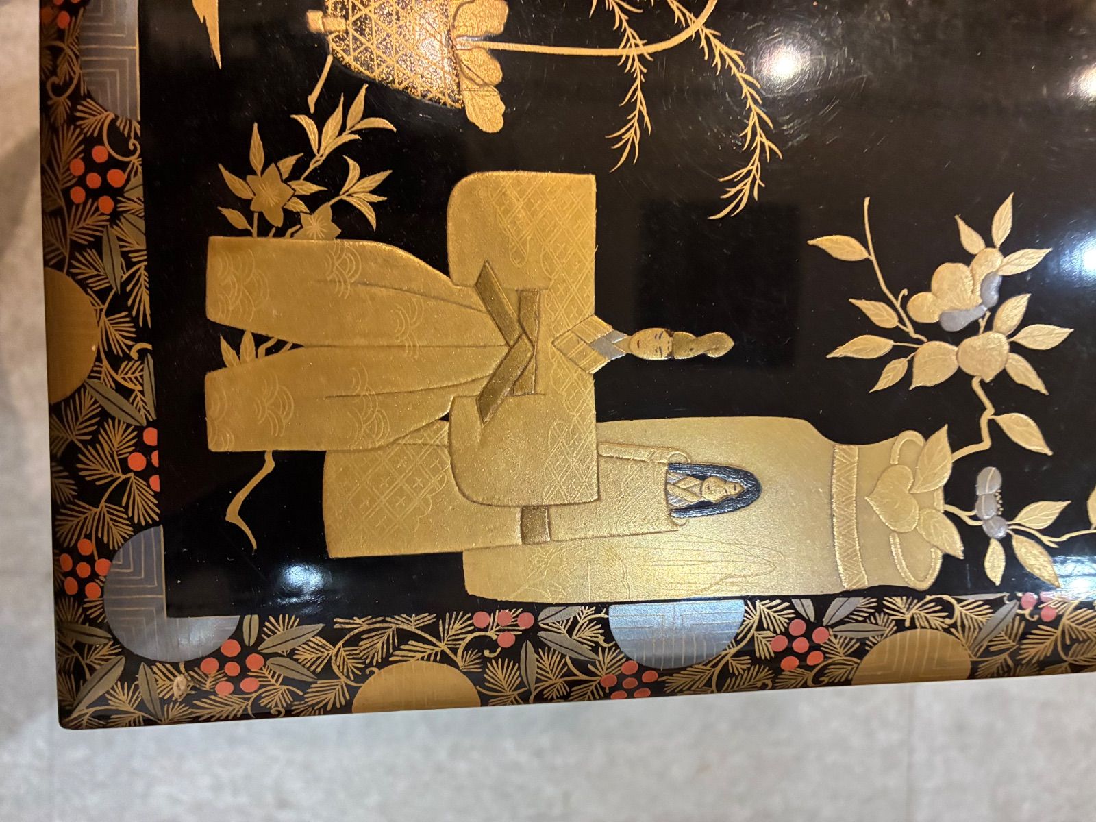 骨董 時代漆器 [波に千鳥] 螺鈿金蒔絵重箱 [慶應二年] 共箱 輪島塗