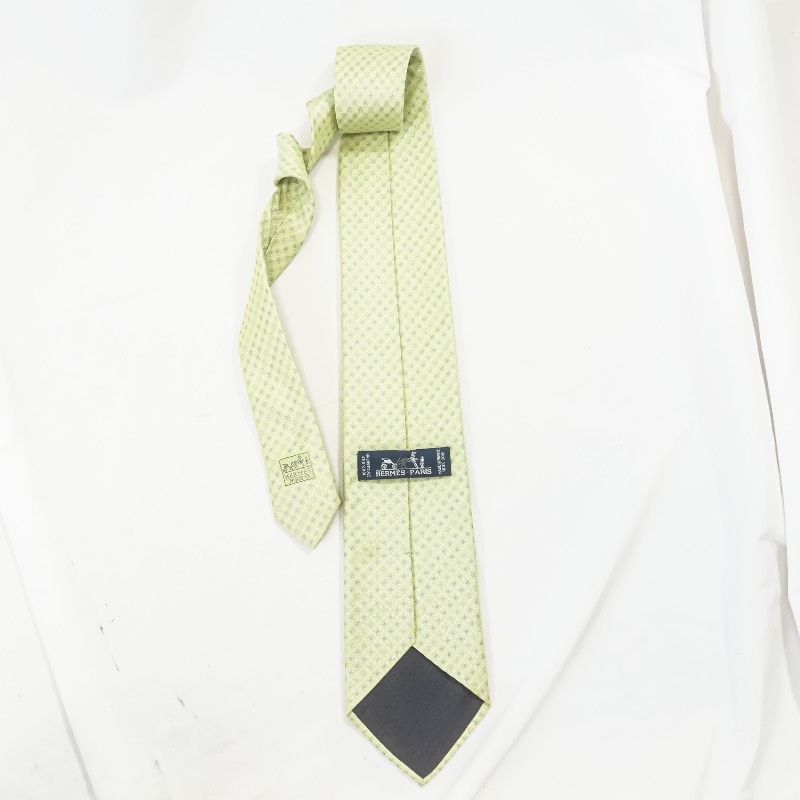 HERMES エルメス ネクタイ シルク100% 菱形柄 総柄 ライトグリーン 黄