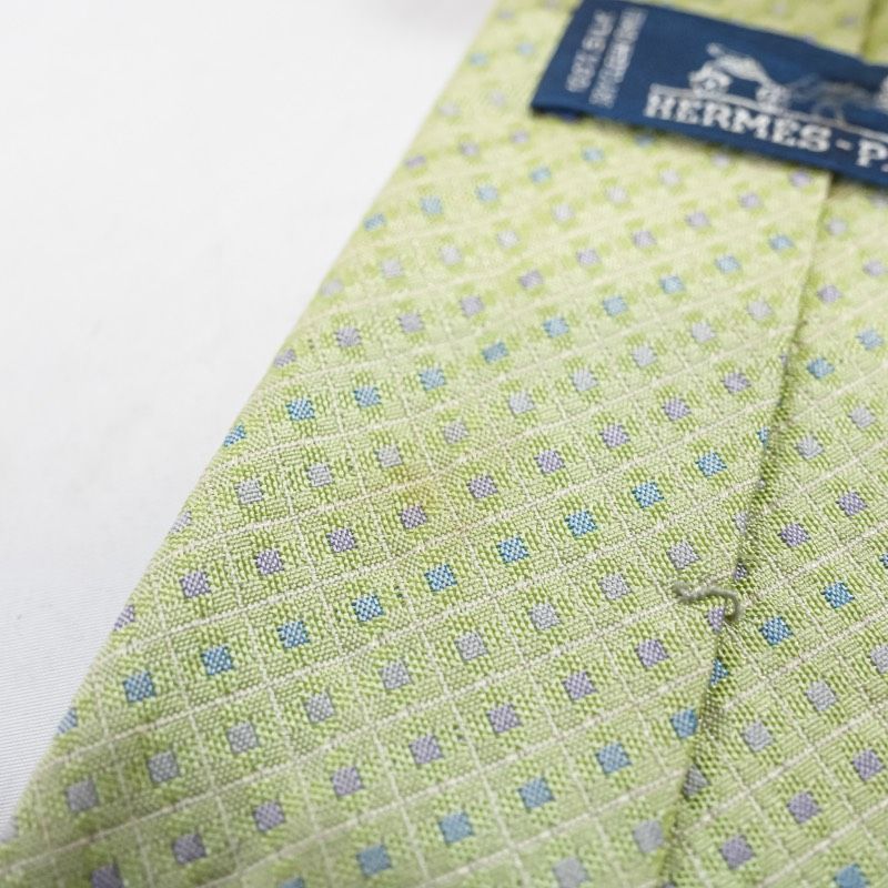 HERMES エルメス ネクタイ シルク100% 菱形柄 総柄 ライトグリーン 黄