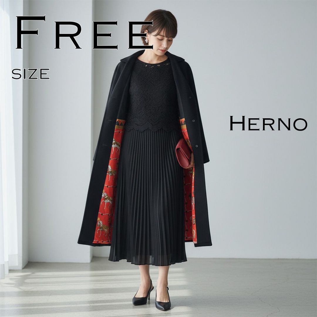 HERNO スカーフ柄 カシミヤ混 ダブル チェスターコート 紺色 F 美品 HERNO スカーフ柄 カシミヤ混 ダブル チェスターコート 紺色 F 美品