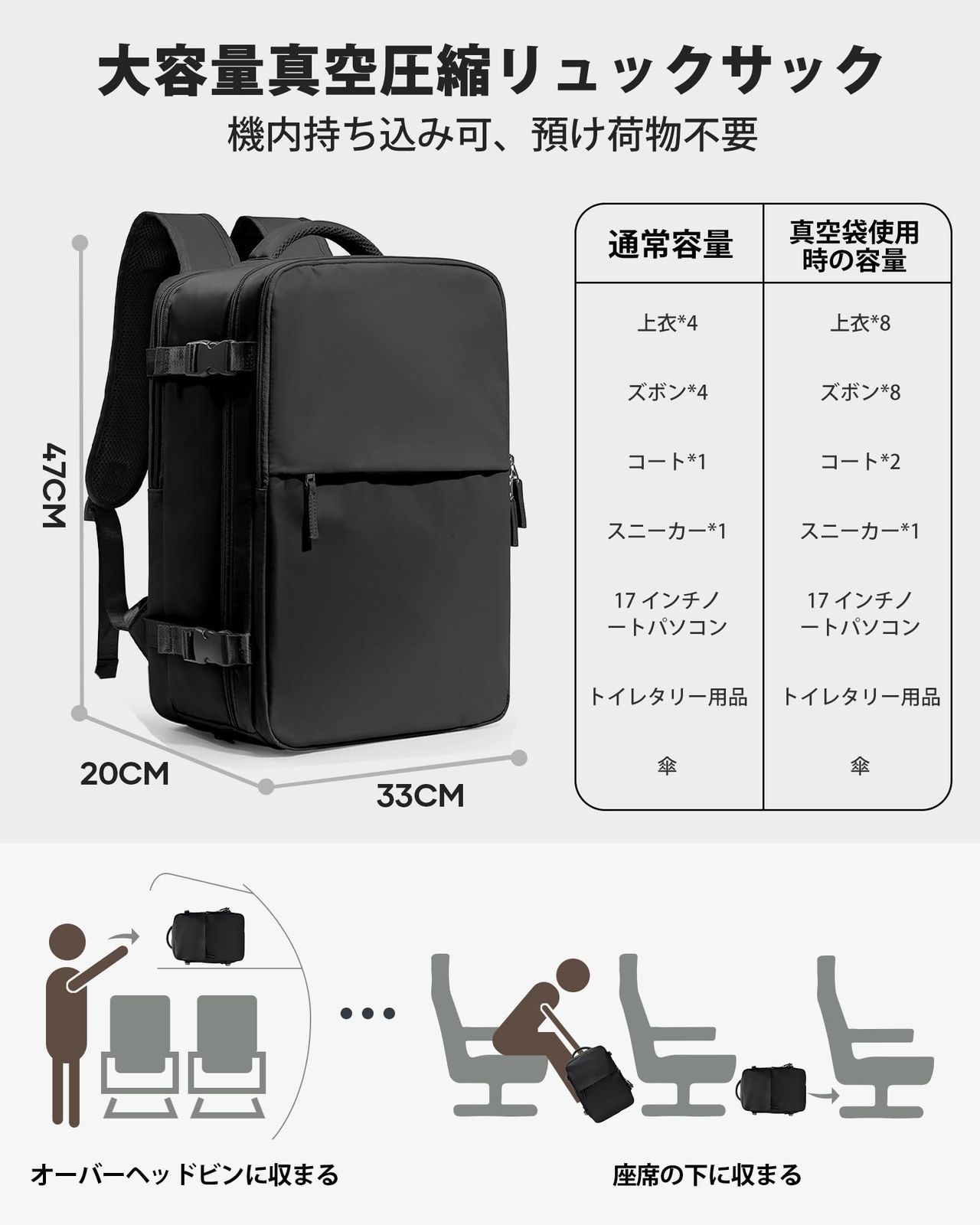 sikazan] 60L 真空圧縮リュックサック メンズ向け 旅行用バックパック 
