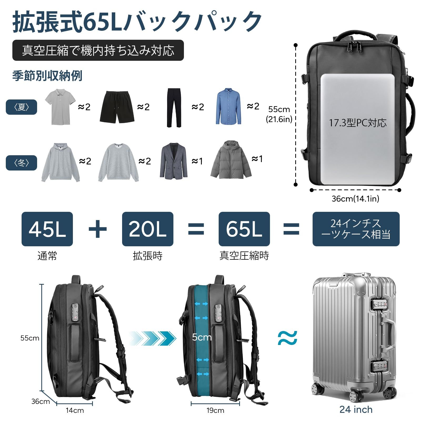 travel inspira] 真空圧縮リュック 65L拡張可能 機内持ち込み対応 収納 