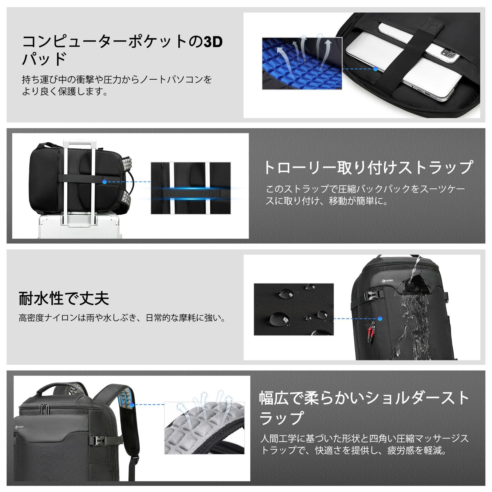 クールベル] 真空圧縮バックパック、60L拡張可能、旅行用バックパック 