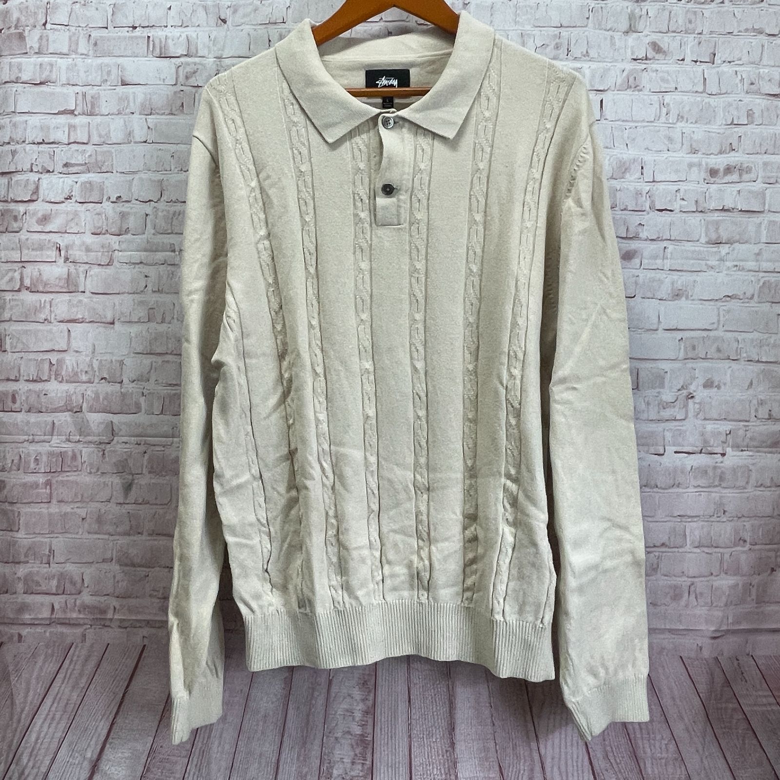 stussy ステューシー S Chain Ls Knit ポロ 長袖ポロシャツ L ベージュ 