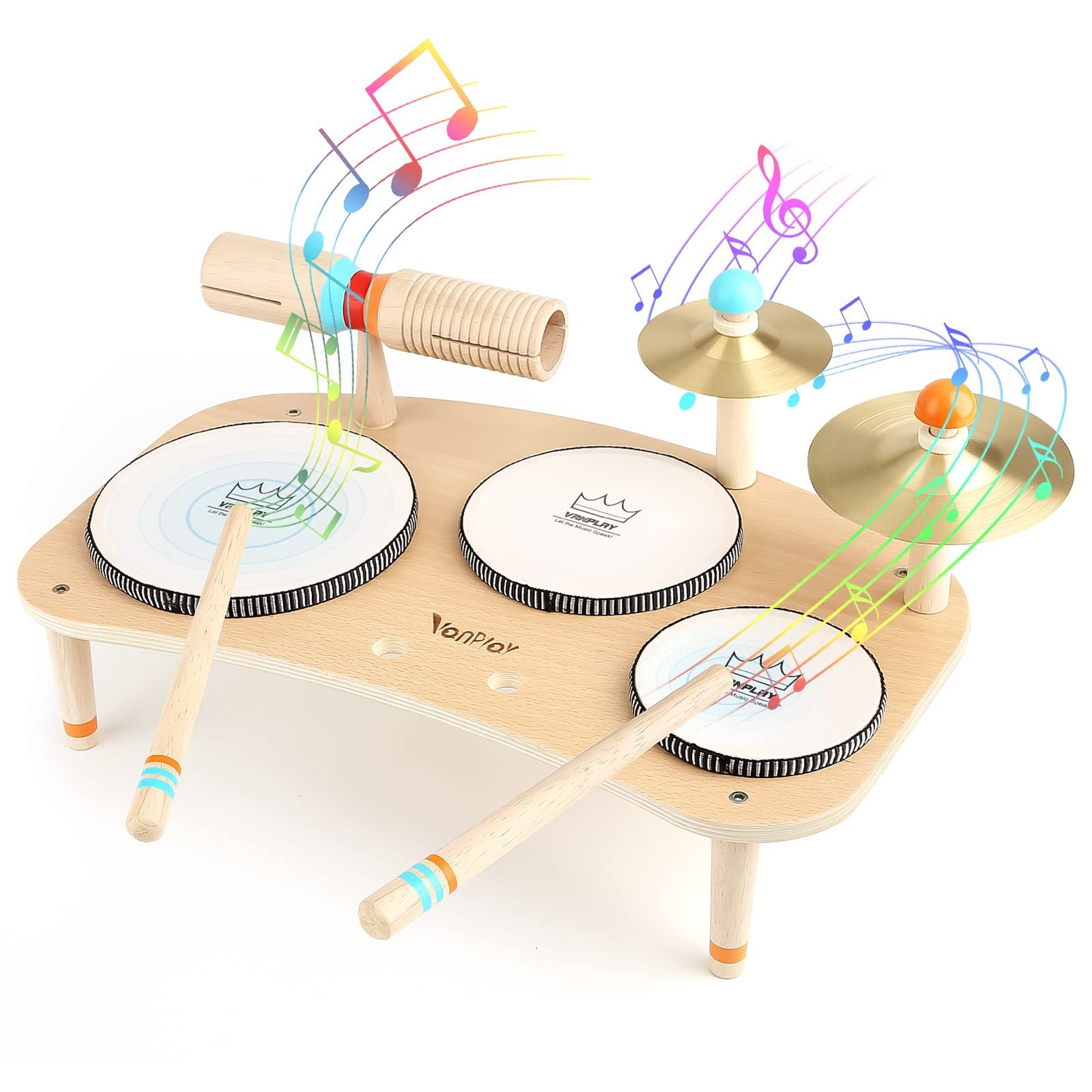 Vanplay Drum Set Kids Musical Instruments Toys Wooden Toys Percussion Baby Toys 1 2 3 4 5th Birthday Gifts for Girls Boys