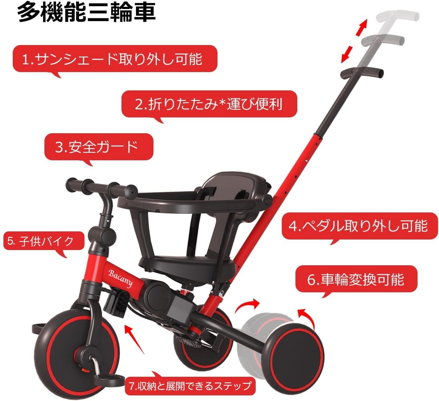 Bacany 子供用三輪車 7in1 三輪車 ステップ付き 折りたたみ 手押し棒 