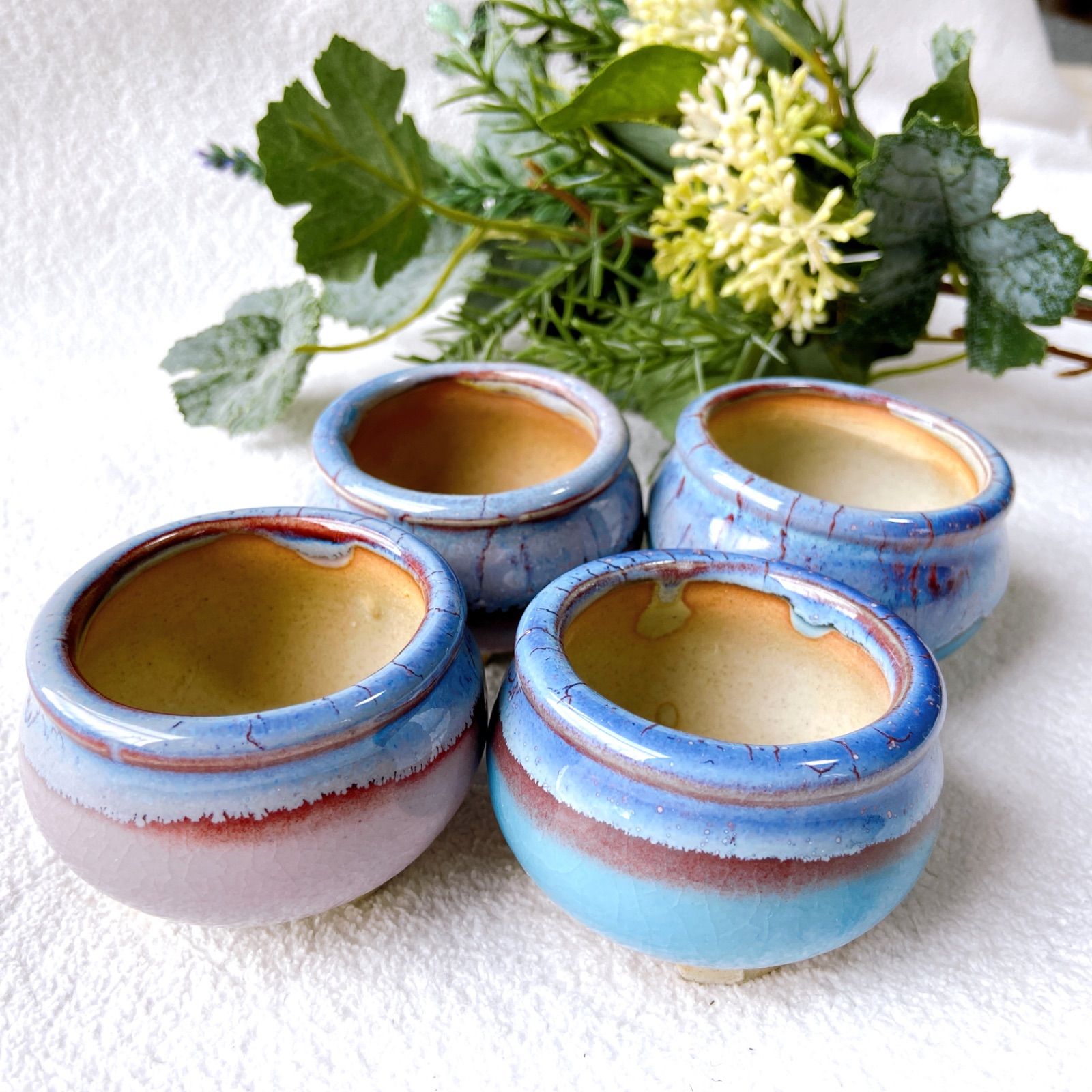 当店1大人気！ 陶器製植木鉢 4点セット】 青色と紫色の上品でかわいい 