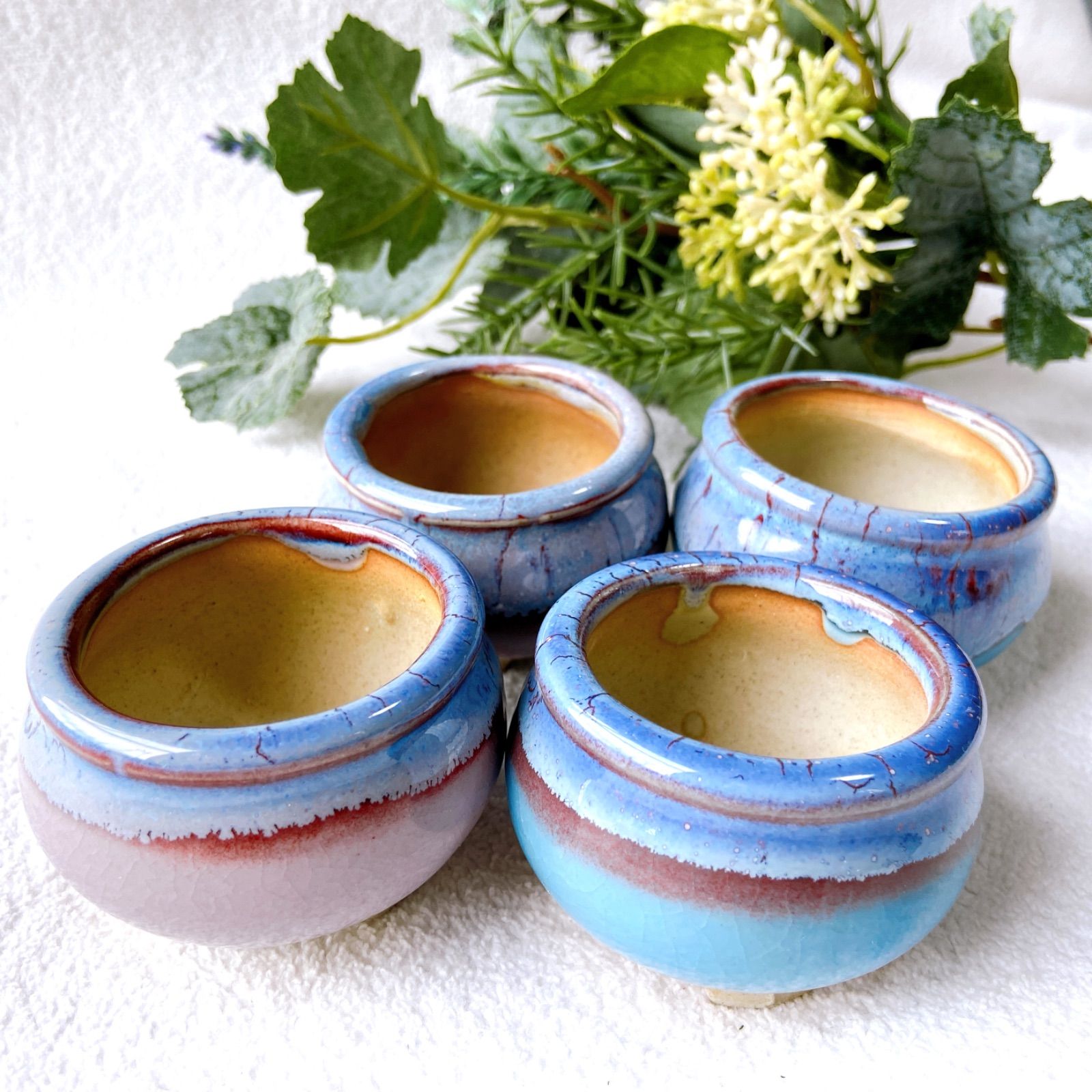 当店1大人気！ 陶器製植木鉢 4点セット】 青色と紫色の上品でかわいい 