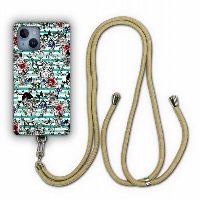 スカラー ScoLar デザイン GooglePixel7a互換品 ケース スマホショルダー 肩掛け 首かけ 斜め掛け グーグルピクセル7a互換品 スマホケース ショルダーストラップ カバー スマホカバー ウシ チョウ ハサミ 花 蝶 ミントグリーン ストライ