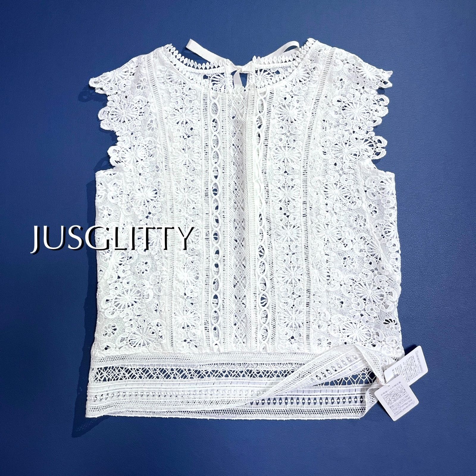 kW63 新品 JUSGLITTY 総レースブラウス ノースリーブ 総柄 レース 刺繍 