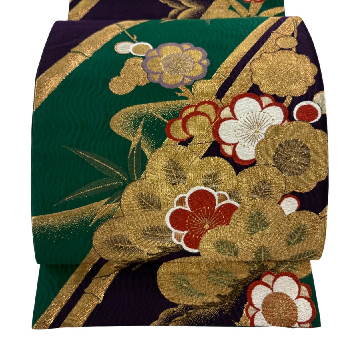 美品】 袋帯 名品 振袖向き 松竹梅 流水 金糸 箔 金色 六通 正絹
