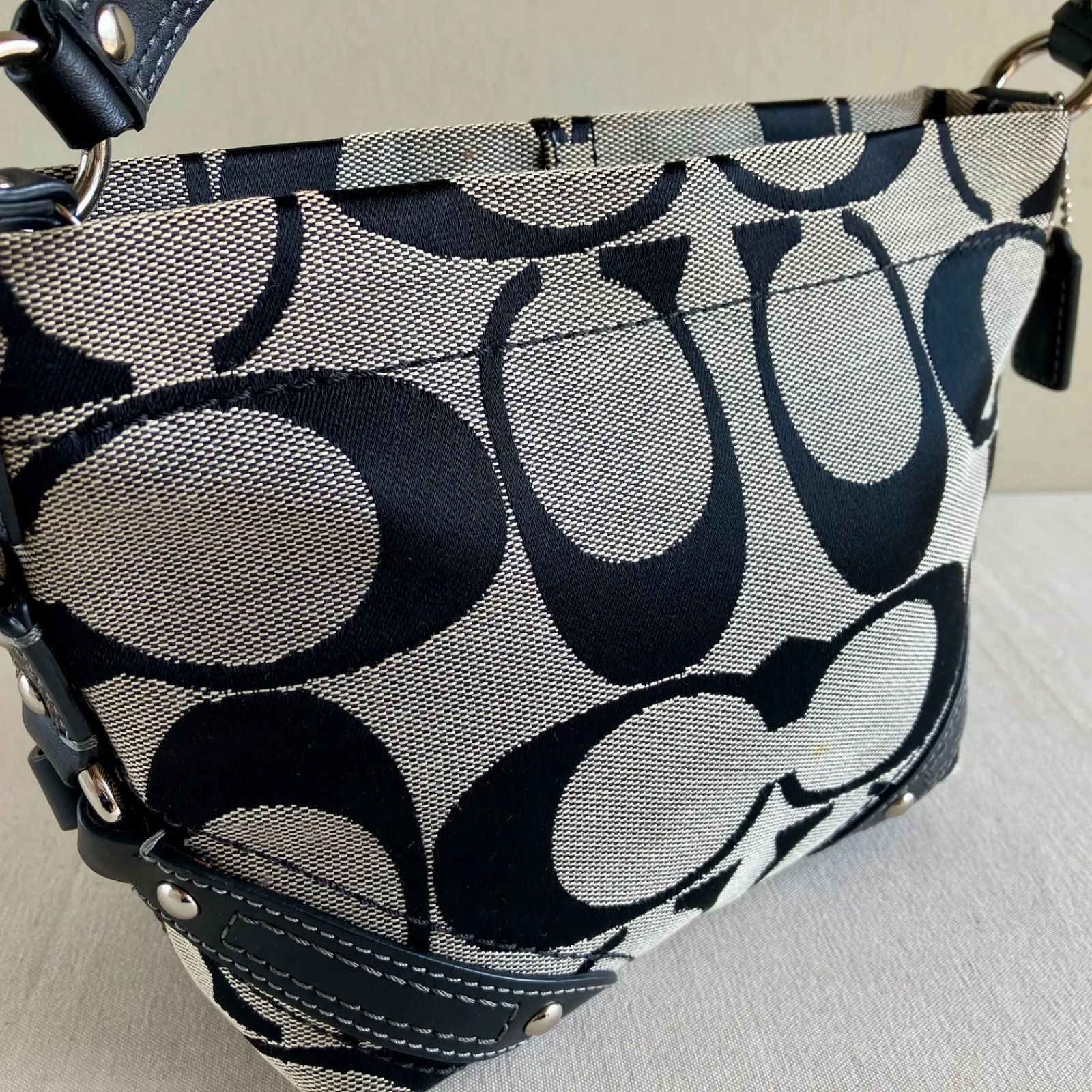 Coach Vintage Mini Carly Hobo Signature Black Canvas Leather Bag 
