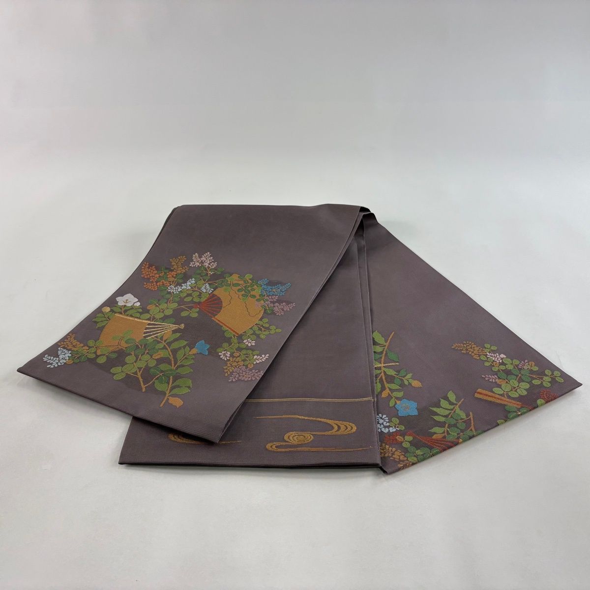 美品】 袋帯 秀品 織悦 落款 夏帯 絽 扇 萩 箔 紫 お太鼓柄 正絹 