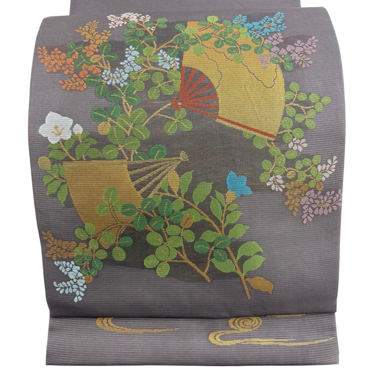美品】 袋帯 秀品 織悦 落款 夏帯 絽 扇 萩 箔 紫 お太鼓柄 正絹