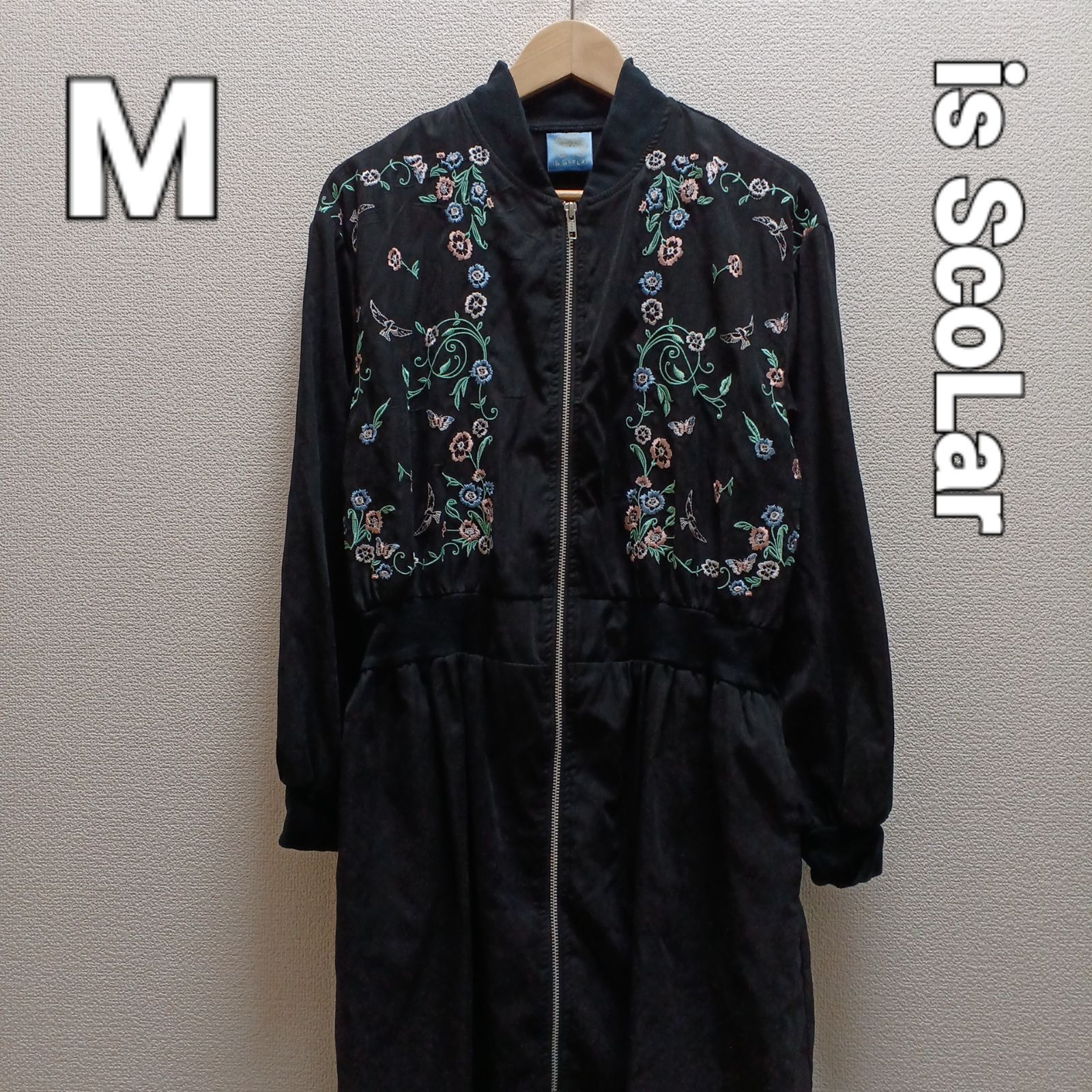 イズスカラーiS ScoLar 花柄刺繍入り黒ロングアウター ブルゾン M 