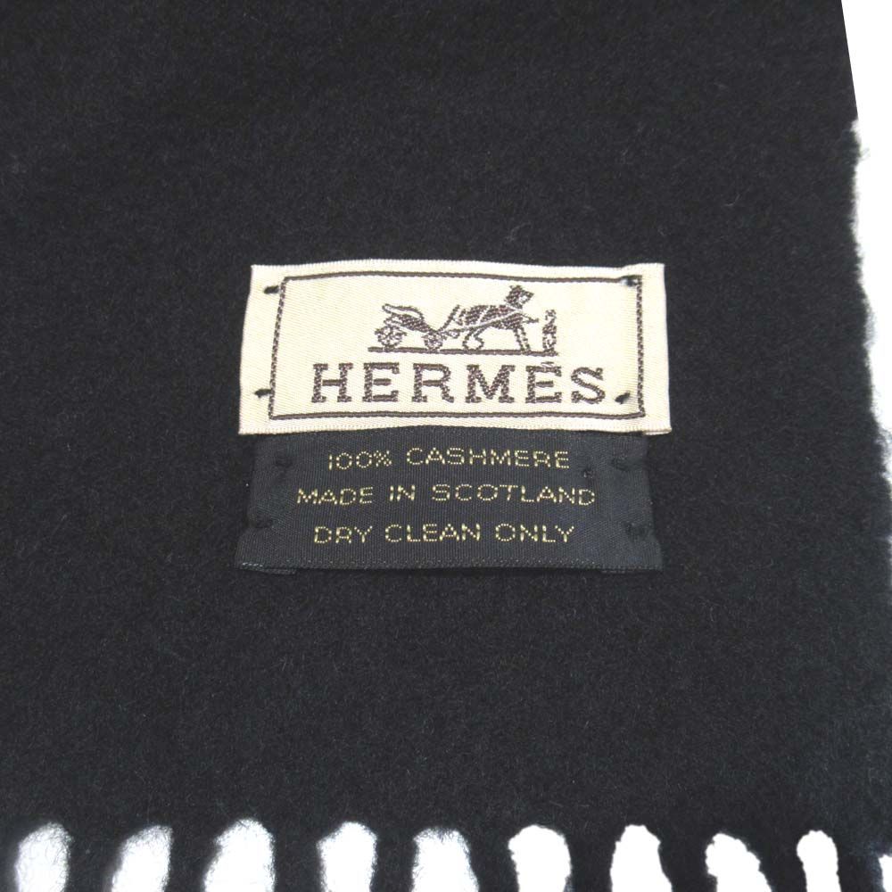 美品 HERMES エルメス カシミヤ100％ フリンジ マフラー ブラック 