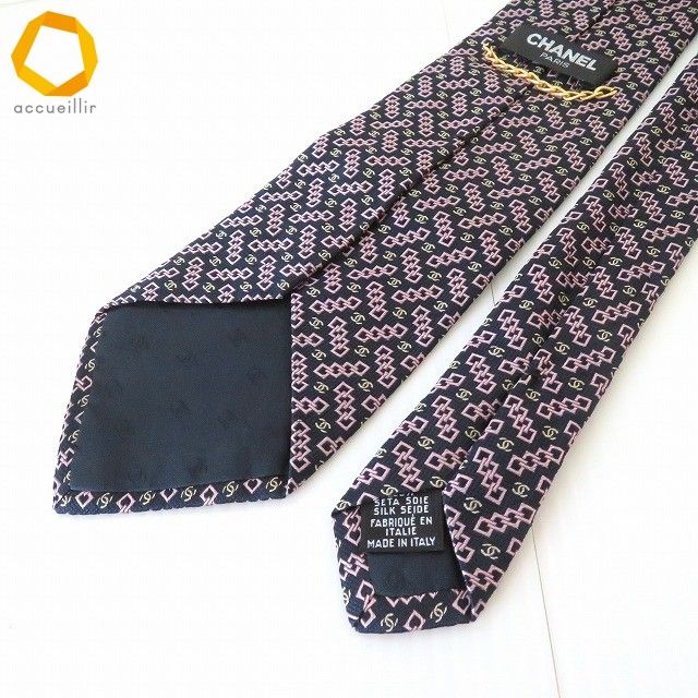 anzt シャネル CHANEL ネクタイ 黒 ピンク系 シルク ココマーク CC