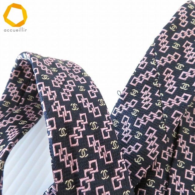 anzt シャネル CHANEL ネクタイ 黒 ピンク系 シルク ココマーク CC