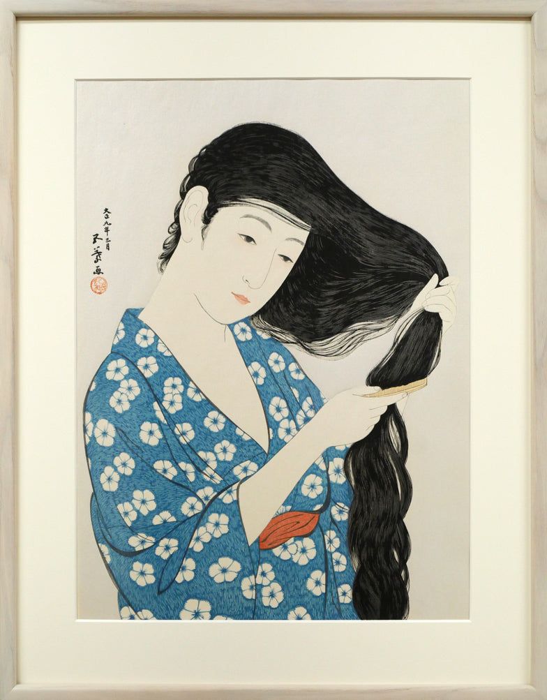 橋口 五葉「髪梳ける女」木版画（雲母摺り） 大正の歌麿 完成品が生涯