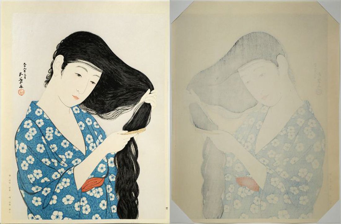 橋口 五葉「髪梳ける女」木版画（雲母摺り） 大正の歌麿 完成品が生涯