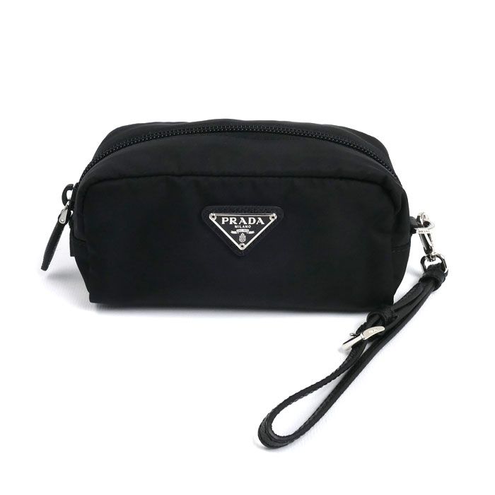 美品　PRADA プラダ トライアングル ポーチ テスート ギャランティカード PRADA プラダ テスート トライアングルロゴ ポーチ ブラック 1NE175