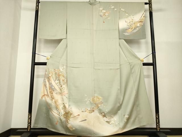 平和屋着物▽訪問着　単衣　扇面鳳凰花文　暈し染め　金彩　正絹　逸品　AABG8434ck 平和屋着物▽訪問着 単衣 扇面鳳凰花文 暈し染め 金彩 正絹 逸品