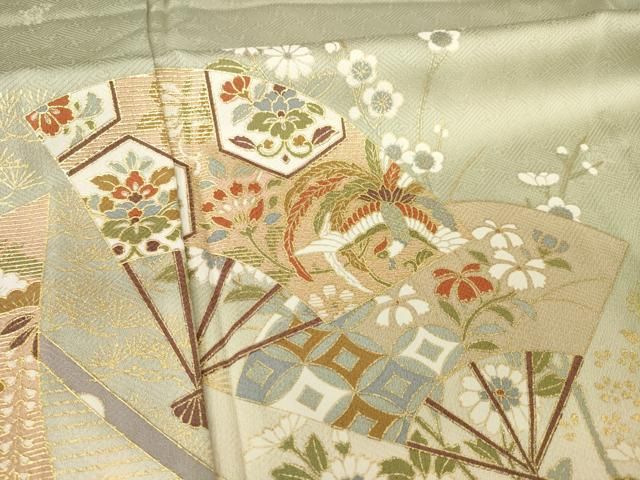 平和屋着物▽訪問着　単衣　扇面鳳凰花文　暈し染め　金彩　正絹　逸品　AABG8434ck 平和屋着物▽訪問着 単衣 扇面鳳凰花文 暈し染め 金彩 正絹 逸品