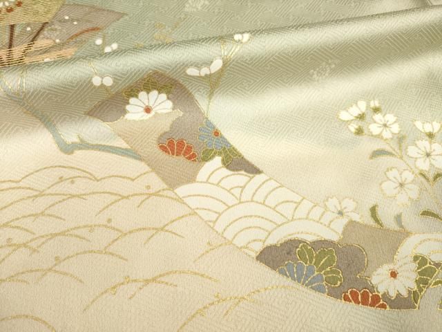 平和屋着物▽訪問着　単衣　扇面鳳凰花文　暈し染め　金彩　正絹　逸品　AABG8434ck 平和屋着物▽訪問着 単衣 扇面鳳凰花文 暈し染め 金彩 正絹 逸品