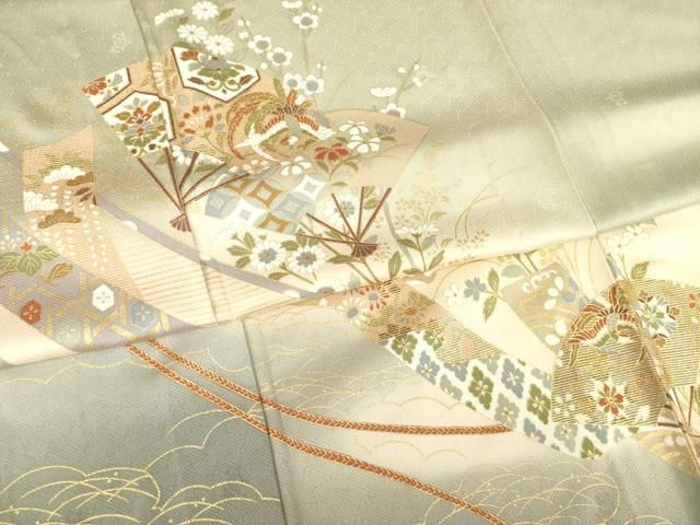 平和屋着物▽訪問着　単衣　扇面鳳凰花文　暈し染め　金彩　正絹　逸品　AABG8434ck 平和屋着物▽訪問着 単衣 扇面鳳凰花文 暈し染め 金彩 正絹 逸品